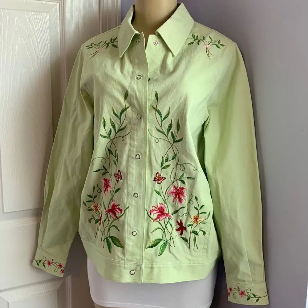 Victor Costa QVC Embellished Blazer Button Down Cotton Twill Jacket M Green